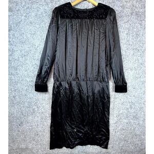 Vintage Levante Midi Dress 12 Black Silk Beaded 80s Goth Dark Prom Hoco Noir